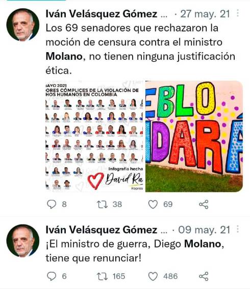 Capturas en pantalla sacadas de la cuenta de Twitter @Ivan_Velasquez_