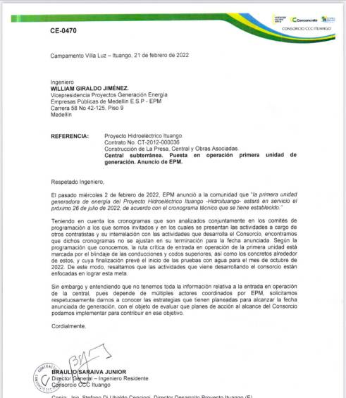 Oficio firmado por el director general de CCCI.