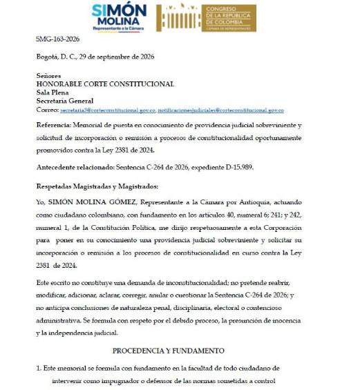 El representante Simón Molina radicó un memorial ante la Corte Constitucional revelando un fallo sobreviniente del Consejo de Estado sobre la reforma pensional Ley 2381.