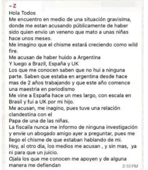 Este es el mensaje que Zulma Guzmán habría enviado a sus conocidos desde un número de Argentina.