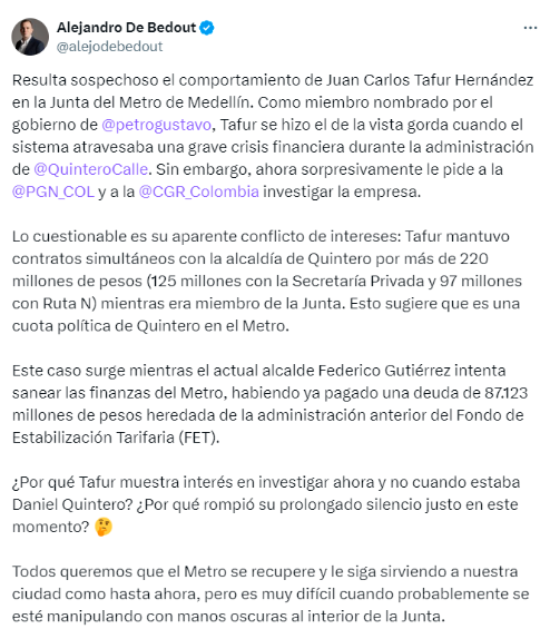 Revuelo por petición de miembro de junta del Metro de Medellín que tuvo contratos en gobierno de Quintero