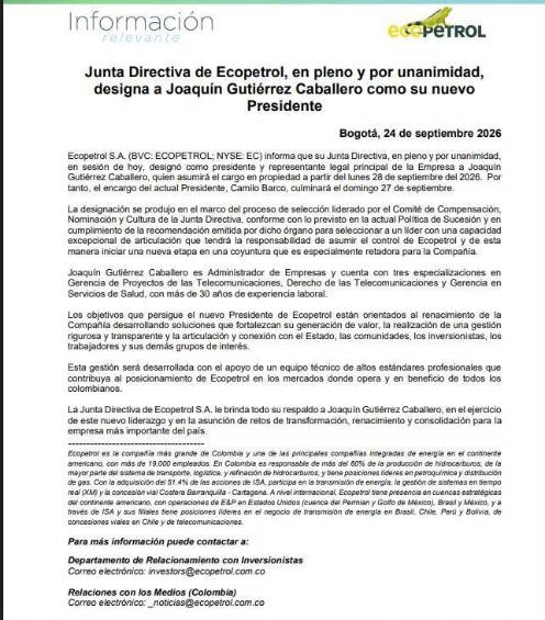 Joaquín Gutiérrez fue elegido como nuevo presidente de Ecopetrol