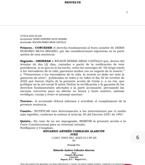 Wilson Arias tiene que retirar y rectificar mensajes en lo que atacó a Pacientes Colombia