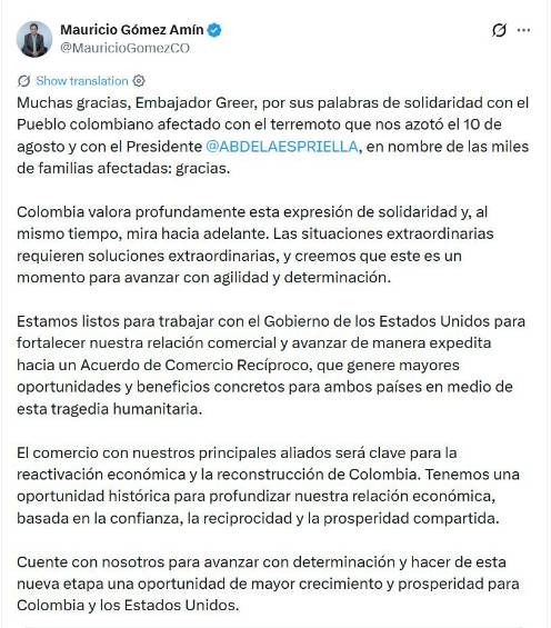 Estados Unidos y Colombia negociarán arancel cero para exportaciones tras el terremoto