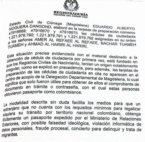 Parte del expediente en el que la Registraduría confirma las irregularidades que se cometieron para tramitar identidades colombianas a extranjeros.