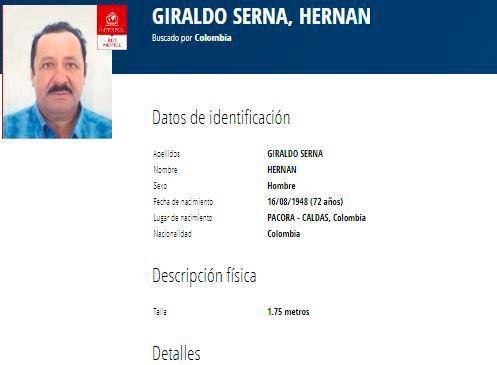 Esta es la circular roja que la Interpol emitió contra el exparamilitar Hernán Giraldo Serna.