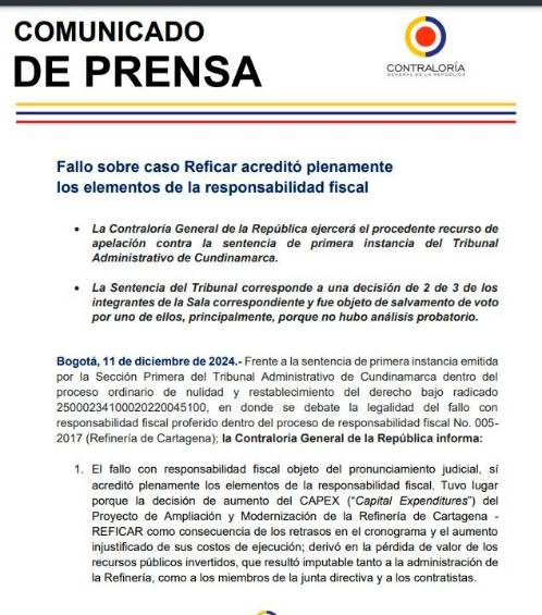 Contraloría apelará sentencia que tumbó sanciones fiscales por billonario detrimento a Reficar, ¿y ahora qué pasó?