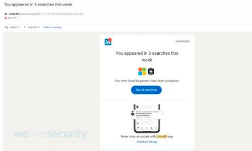 Ejemplo de correo de phishing que se hace pasar por una notificación de LinkedIn. FOTO Cortesía