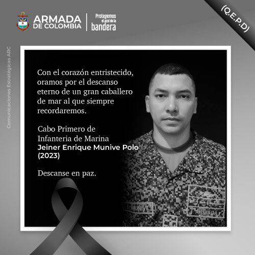 El cabo primero de infantería de la Armada, Jeiner Enrique Munive Polo, fue asesinado en Buenaventura. FOTO: Tomada de Twitter @ArmadaColombia