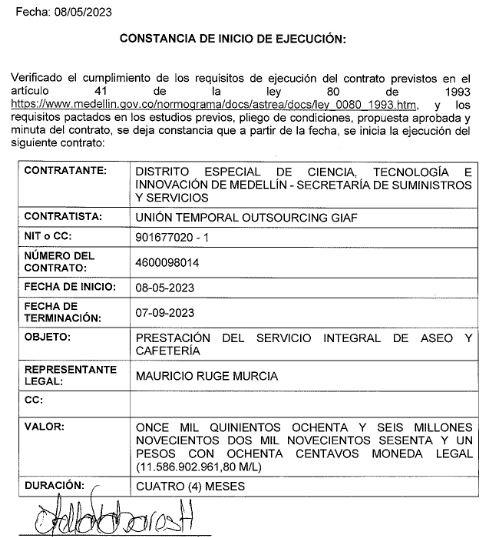 Acta de inicio del contrato con Outsourcing Giaf.
