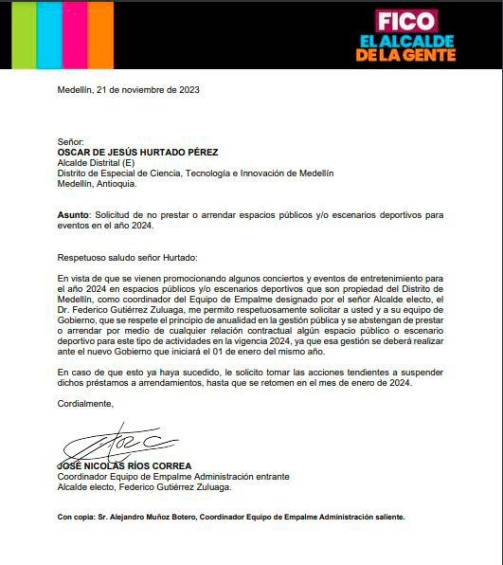 Esta fue la carta que envió Nicolás Ríos, jefe de empalme de Federico Gutiérrez, al alcalde encargado, Óscar Hurtado, para el tema de los escenarios deportivos. FOTO: CORTESÍA