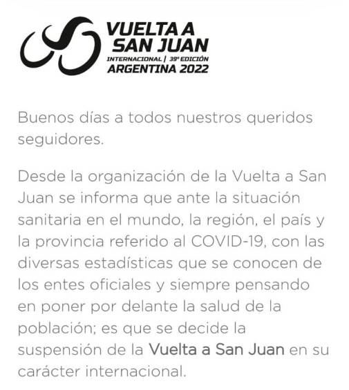 Vuelta a San Juan, suspendida de nuevo por el coronavirus