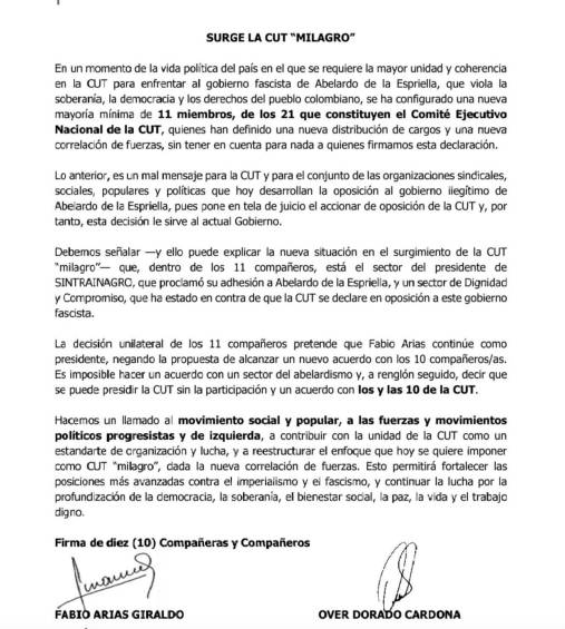 Carta firmada por 10 integrantes del Comité Ejecutivo Nacional de la CUT, entre ellos su presidente, Fabio Arias. 