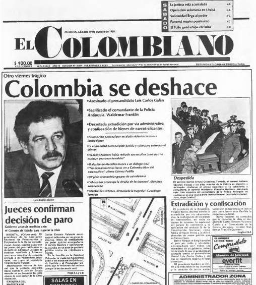 Portada del periódico El Colombiano que registra el magnicidio de Luis Carlos Galán. Foto: El Colombiano