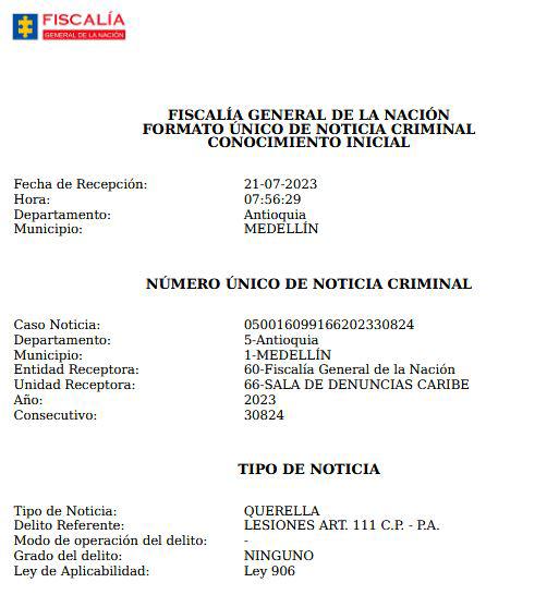 Denuncia realizada por la familia por el delito de lesiones personales.