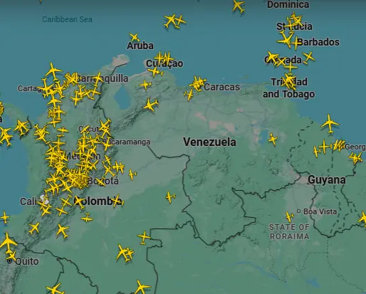 Espacio aéreo de Venezuela durante este lunes. FOTO: Flight Radar.