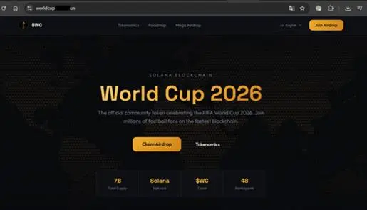 Este es un ejemplo de un sitio actualmente activo que ofrece un supuesto token del Mundial 2026.