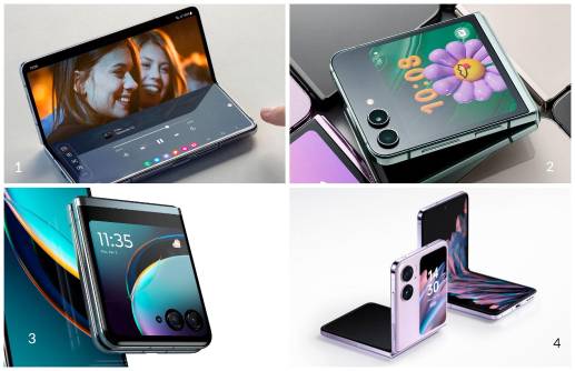 <b>1.</b> Galaxy Z Fold 5: $11 millones. <b>2.</b> Galaxy Z Flip 5: $6 millones. <b>3.</b> Motorola Razr 40 Ultra: $9 millones.<b> 4.</b> Oppo Find N2 Flip: $4 millones. FOTOS Cortesía