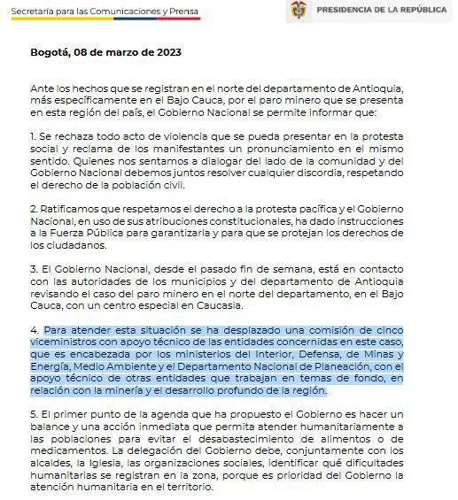 Petro ordenó a viceministros dialogar para levantar el paro minero
