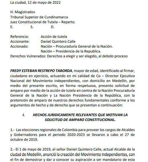 Acción de tutela interpuesta por Esteban Restrepo.