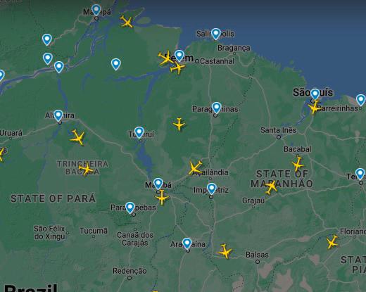 Imagen del tráfico aéreo que hubo al norte de Brasil (donde está ubicado Belém do Pará) el miércoles 9 de agosto sobre las 8 de la noche.