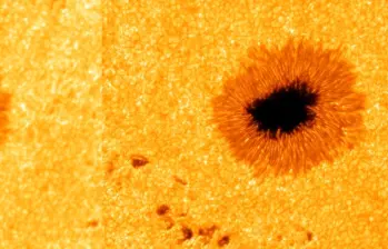 Izquierda: Extracto de una imagen del Sol, tomada con el Telescopio de Torre de Vacío de Tenerife. Derecha: Imagen de alta resolución restaurada a partir de 100 exposiciones individuales capturadas con el nuevo sistema de cámara avanzado. FOTO cortesía R. Kamlah