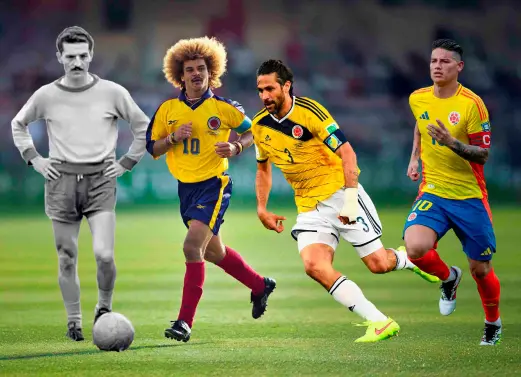 Francisco “Cobo” Zuluaga fue el capitán de Colombia en el Mundial de 1962; el “Pibe” Valderrama en 1990, 1994 y 1998, mientras que Mario Yepes lo hizo en 2014. James tomó la posta para 2018 y se espera que ejerza ese liderazgo en el Mundial 2026. FOTOS Conmebol, Getty y Juan Antonio Sánchez
