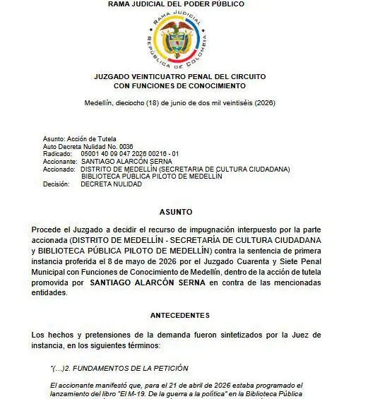 Fallo que dejó en suspenso la retractación del alcalde de Medellín. FOTO: Cortesía