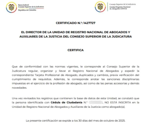 El director de la Unidad de Registro Nacional de Abogados y Auxiliares de la Justicia del Consejo Superior de Judicatura compartió con <i>El Tiempo</i> un comunicado en el que expresó que Laura Gallego no estaría en este registro, primordial para ejercer como abogado en Colombia. FOTO: EL TIEMPO.