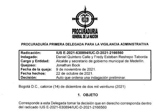 Apertura de indagación preliminar en la Procuraduría.