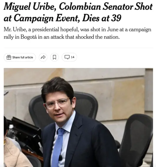 Titular de The New York Times: “Miguel Uribe, senador colombiano atacado en un acto de campaña, muere a los 39 años”. FOTO: CAPTURA DE PANTALLA