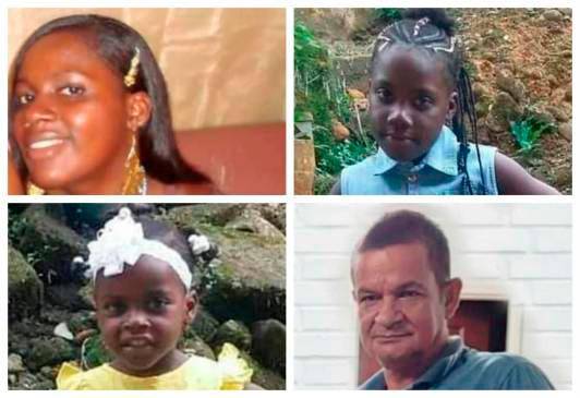 Arriba: Jesenia Murillo Bonilla, profesora y esposa de Cristian, y Thiara Parra Murillo, niña de 10 años.Abajo: Thailen Parra Murillo, la niña de 5 años, y Orlando Medina Pineda, el conductor.