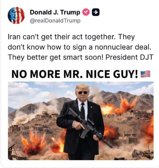 Trump publicó imagen en la que aparece armado y advirtió a Irán: “¡Más les vale espabilar pronto!”