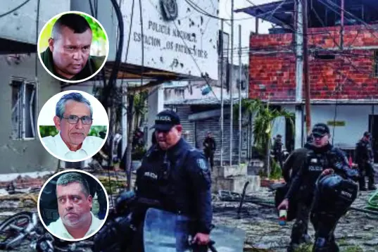 La estación policial, casas y locales vecinos quedaron seriamente afectados por el carrobomba en Los Patios, Norte de Santander. De arriba a abajo, “Calarcá”, “Walter Mendoza” y “Araña”, cabecillas de las disidencias.<b> </b>FOTO<b> AFP</b> <b>y redes sociales.</b>
