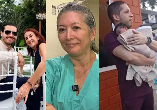 De izquierda a derecha: Mateo Yepes y su madre Martha Serna; Claudia Komaromy, anestesióloga, y el pediatra Germán Somoyar Duarte. Fotos: redes