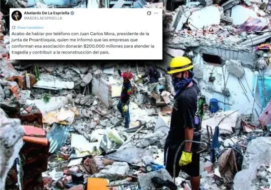 El presidente informó, a través de su cuenta de X, la donación que ayudará a reconstruir viviendas y edificios tras el terremoto. Foto: Julio César Herrera y X de Abelardo de la Espriella.