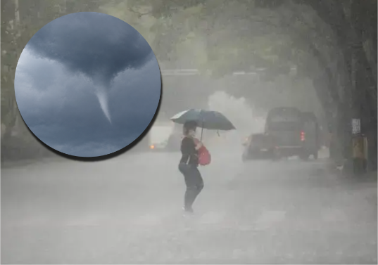 Adelante, captura de video que muestra la nube de embudo. Atrás, imagen de lluvias en Medellín. Foto: EL COLOMBIANO y captura de video.