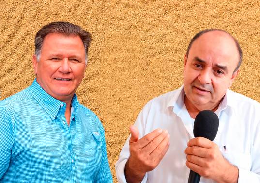 El ministro de Agricultura, Indalecio Dangond y el presidente de la junta directiva de Fedearroz, César Augusto Saavedra. Foto: Captura de video y El Colombiano 