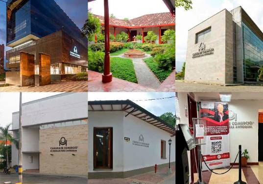 Arriba: Sede principal Medellín, Centro Regional Occidente y Centro Regional Aburrá Norte. Abajo: Centro Regional Bajo Cauca, Centro Regional Suroeste y Centro Regional Norte. Foto: Cortesía. 