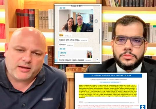 Miguel Quintero (izq.) recibía informes sobre los avances, por ejemplo esta notificación de Álvaro Villada (centro) de que ya estaba lista la contratación de Ana María Roldán. Abajo, un aparte de al declaración de Misael Cadavid donde habla del rol del hermano del entonces alcalde de Medellín. FOTOS: IMAGEN DE TRANSMISIÓN DE AUDIENCIA Y EXPEDIENTE