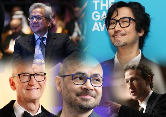 Cinco visiones distintas: Jensen Huang, Hideo Kojima, Tim Cook, Demis Hassabis y Mark Zuckerberg representan los caminos con los que la industria tecnológica redefinió su rumbo este año. FOTOS AFP