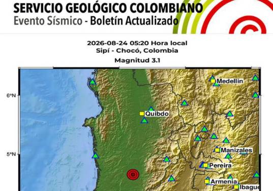 El SGC reportó un sismo de magnitud 3,1 en Sipí, Chocó, en la madrugada de este lunes 24 de agosto de 2026. Foto: SGC