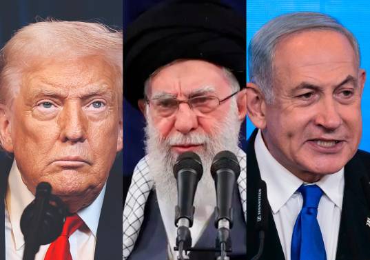 El presidente Donal Trump, el ayatola Alí Jameneí; y el primer ministro israelí, Benjamín Netanyahu. FOTO AFP