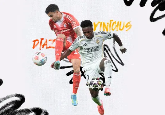 El colombiano Luis Díaz y el brasileño Vinícius Jr, aporte suramericano en el superclásico de la Champions. FOTOS GETTY 