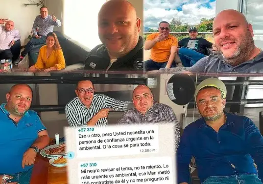 Arriba (izq) Jorge Liévano, Álvaro Villada y Miguel Quintero con Alethia Arango, otra imputada por presunta corrupción, en las oficinas de Metroparques. Arriba también (der), Villada, Liévano y Quintero en una finca; abajo, los mismos tres con Edison López en un restaurante de Laureles. FOTOS CHAT DE “AMIGOS”