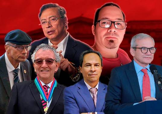 De izquierda a derecha: Manuel Casanova, Jorge Lemus, el presidente Gustavo Petro, René Guarín, Wilmar Mejía y el prófugo Carlos Ramón González, los personajes cuyo desempeño en torno a la Dirección Nacional de Inteligencia (DNI) ha sido ampliamente criticado. FOTOS: ARCHIVO.