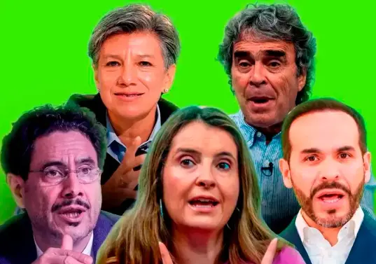 Los candidatos presidenciales Claudia López, Sergio Fajardo, Iván Cepeda, Paloma Valencia y Abelardo de la Espriella. FOTO EL COLOMBIANO