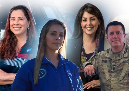 De izquierda a derecha: Liliana Villareal, directora de aterrizaje y recuperación de Artemis 2; Sara Rengifo, ingeniera en el Centro de Vuelos Espaciales Marshall; Diana Trujillo, directora de vuelo en el Centro Espacial Johnson, y Luis Felipe Mora, ingeniero de pruebas estructurales. FOTOS cortesía