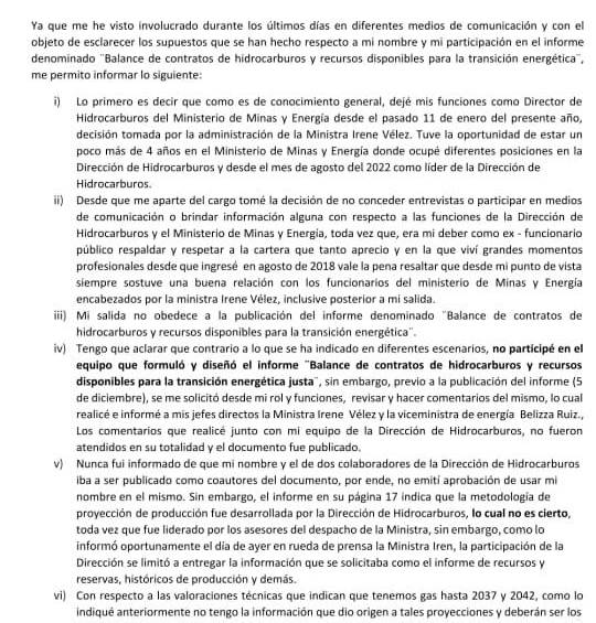Exdirector de Hidrocarburos también niega participación en informe de gas de Irene Vélez