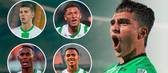 En la imagen aparecen, en su orden, Simón García, Andrés Salazar, Royer Caicedo, Cristian Uribe y, en primer plano, Juan Manuel Rengifo. FOTOS @NACIONALOFICIAL